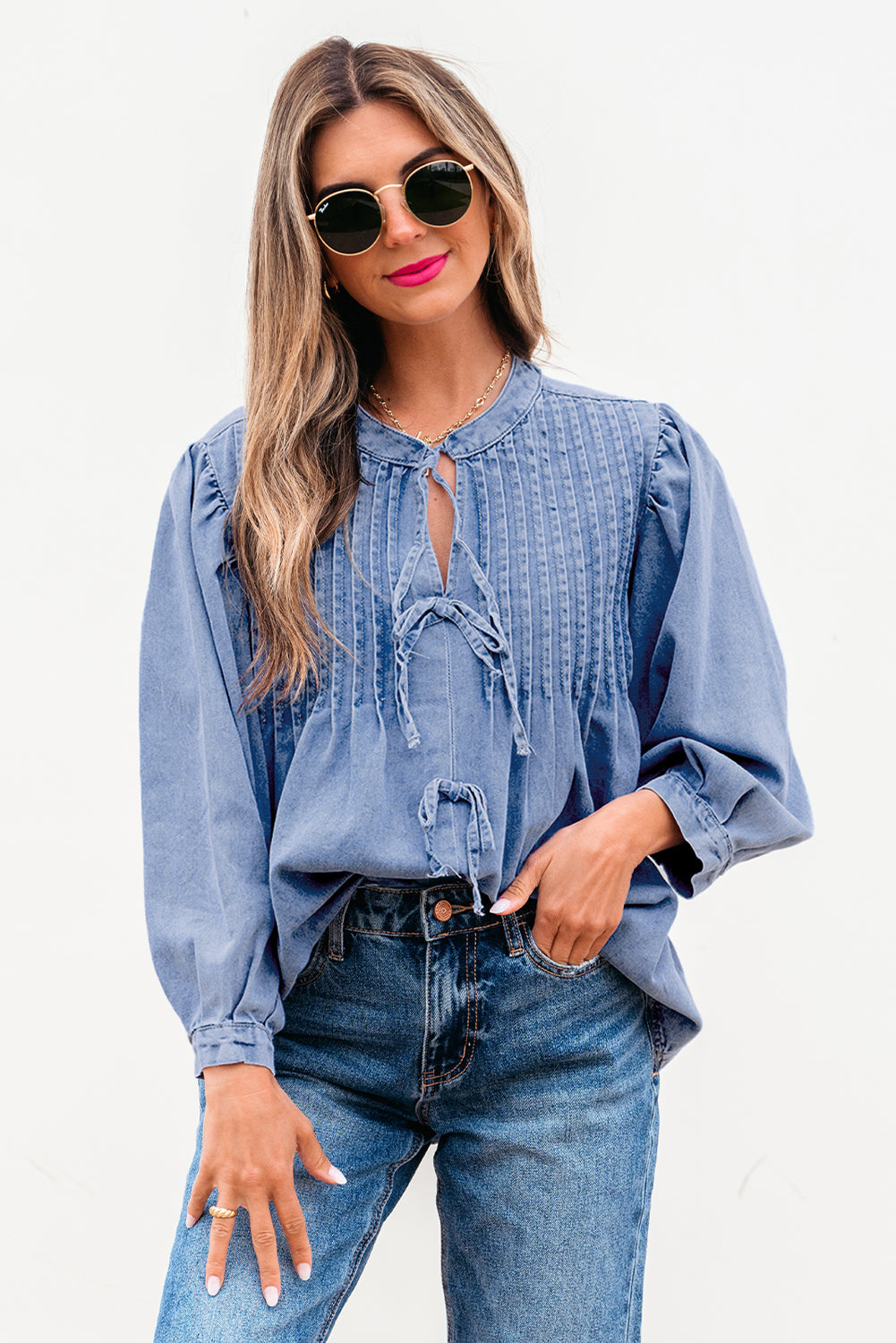 Myosotis Denim Front Pintuck Bow Tie Puff Sleeve Top-Chaelisa's New Jammies