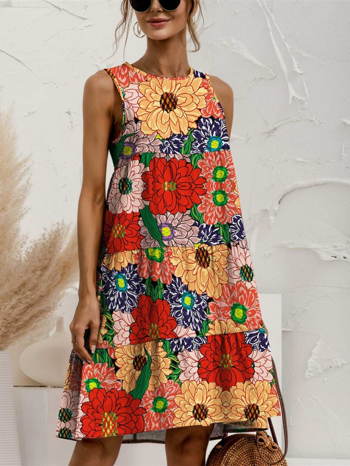 Tiered Printed Round Neck Sleeveless Dress-Chaelisa's New Jammies