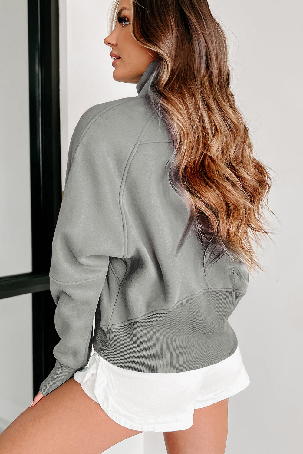 Gray Zip Up Stand Collar Ribbed Thumbhole Sleeve Sweatshirt-Chaelisa's New Jammies