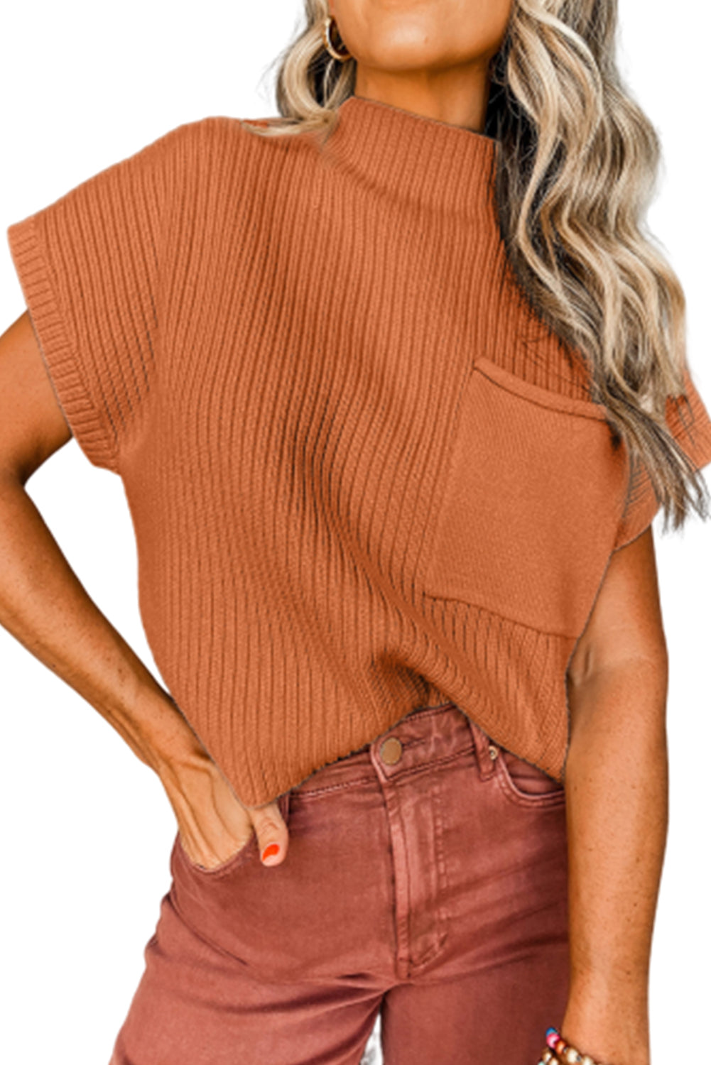 Black Patch Pocket Ribbed Knit Short Sleeve Sweater-Chaelisa's New Jammies