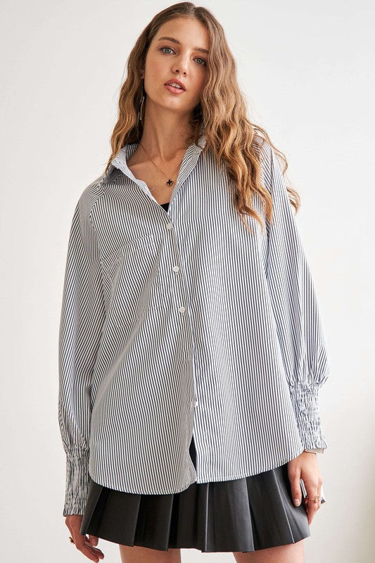 ADORA High-Low Striped Button Down Smocked Lantern Sleeve Shirt-Chaelisa's New Jammies