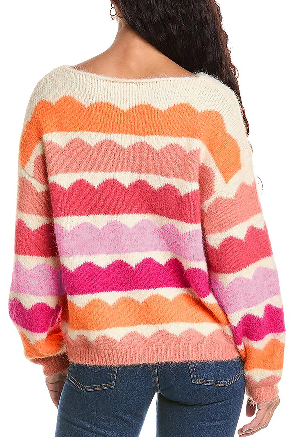 Rose Red Wave Striped Balloon Sleeve Drop Shoulder Sweater-Chaelisa's New Jammies