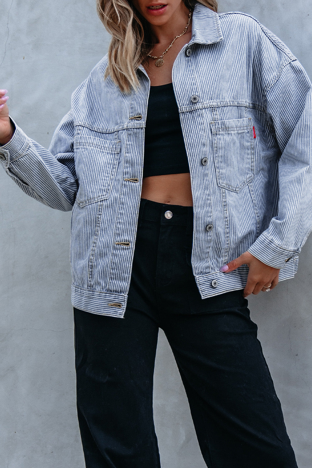 Sky Blue Stripe Washed Oversize Pocketed Denim Jacket-Chaelisa's New Jammies