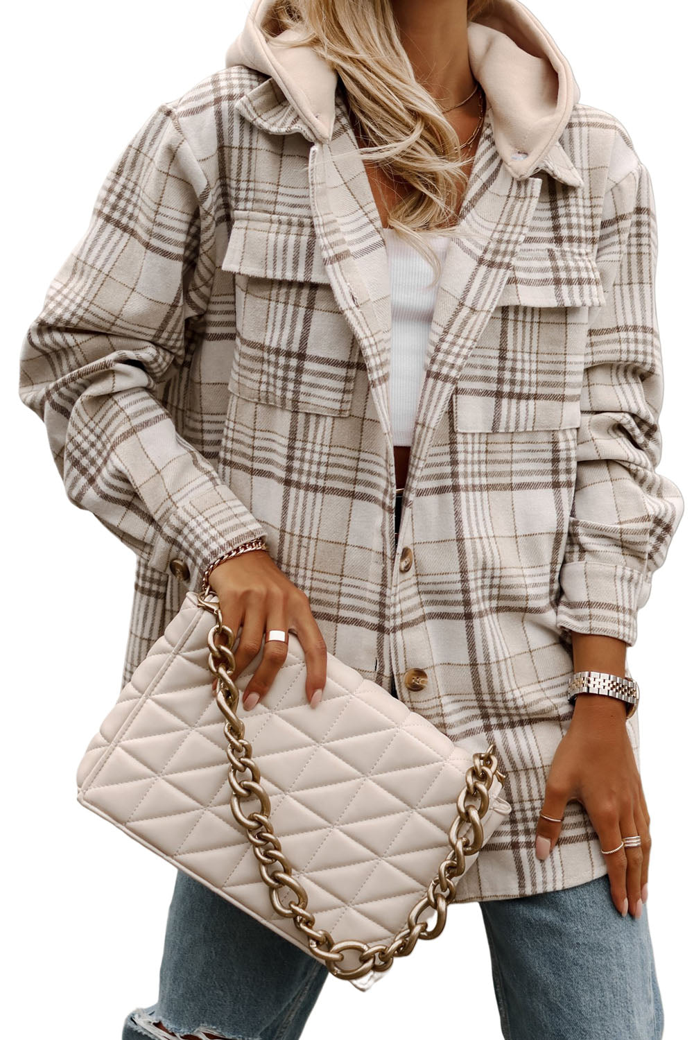 Khaki Plaid Removable Hooded Button Up Jacket-Chaelisa's New Jammies