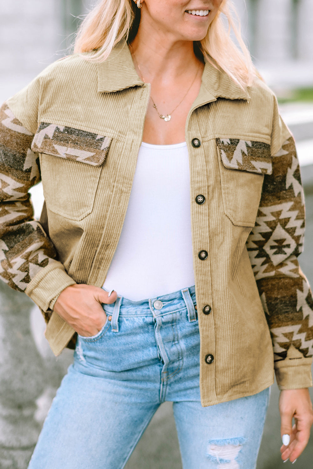 Khaki Aztec Print Patchwork Frayed Edge Corduroy Jacket-Chaelisa's New Jammies