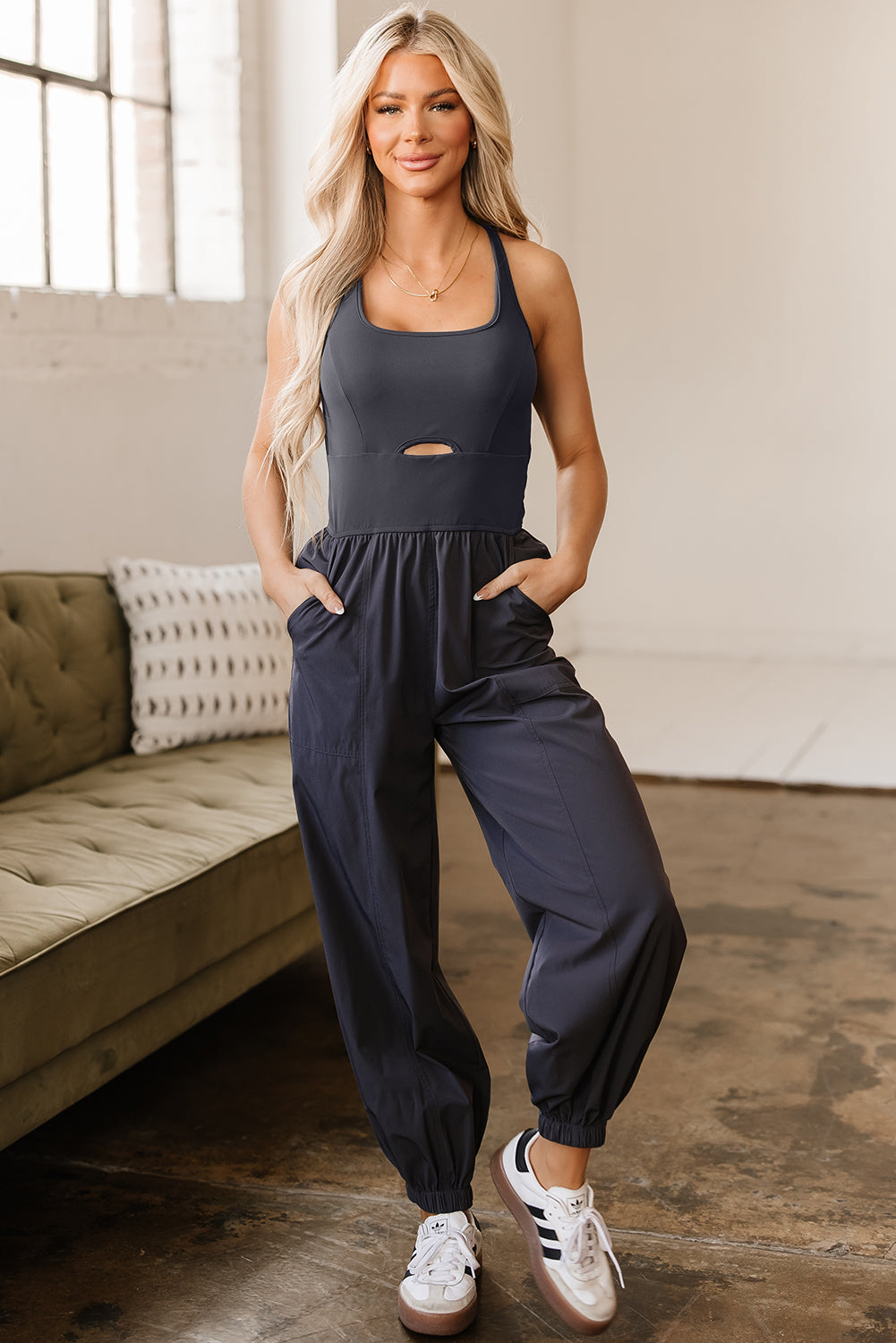 Carbon Grey Back Crossed Straps Hollow Out Jogger Jumpsuit-Chaelisa's New Jammies