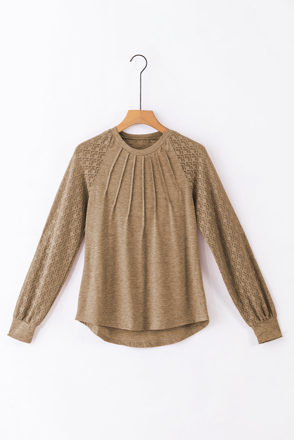 Light French Beige Contrast Lace Raglan Sleeve Plicate Round Neck Top-Chaelisa's New Jammies