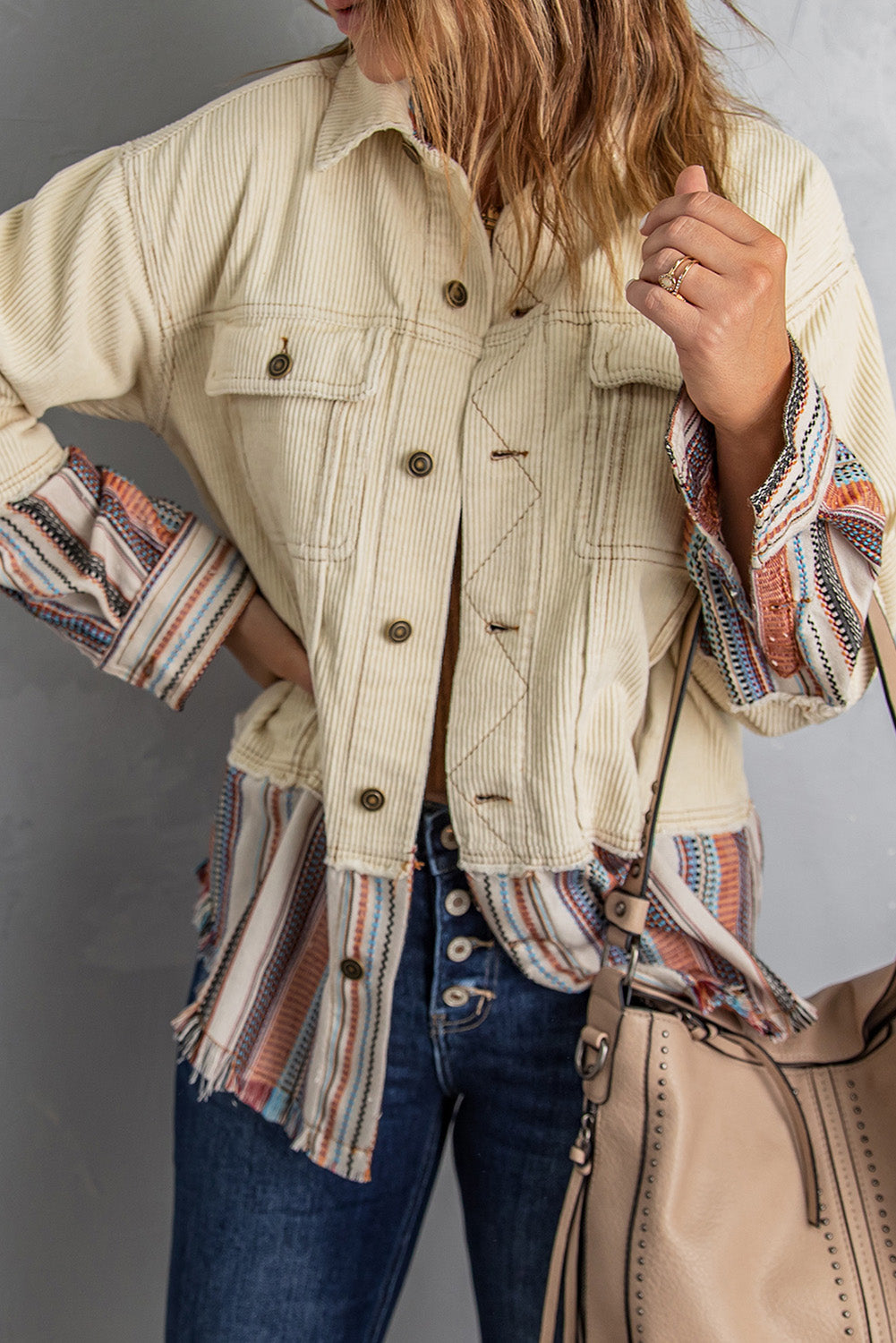 Button Up Pockets Striped Color Block Corduroy Jacket-Chaelisa's New Jammies