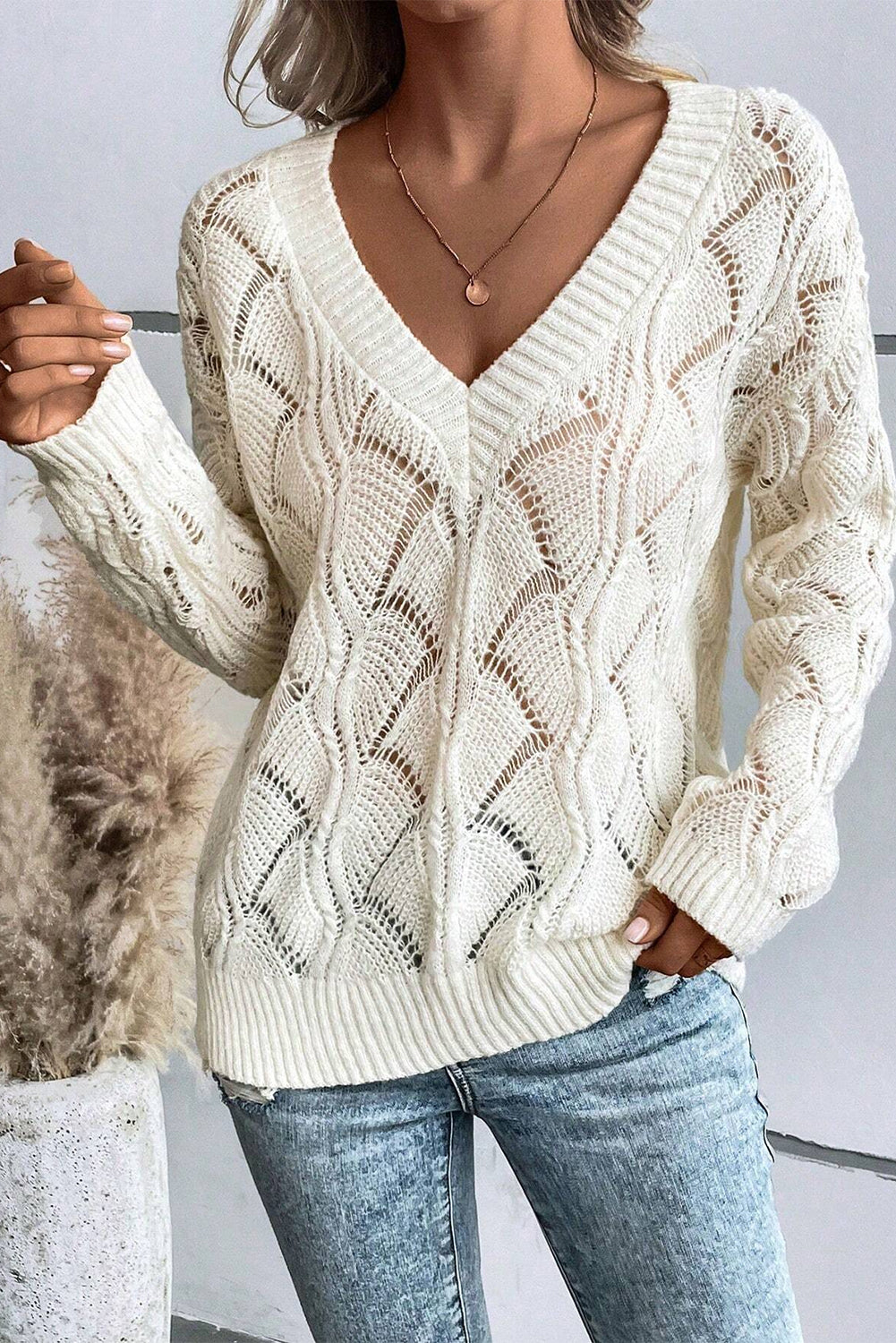 Beige Hollow Out Knit V Neck Drop Shoulder Sweater-Chaelisa's New Jammies
