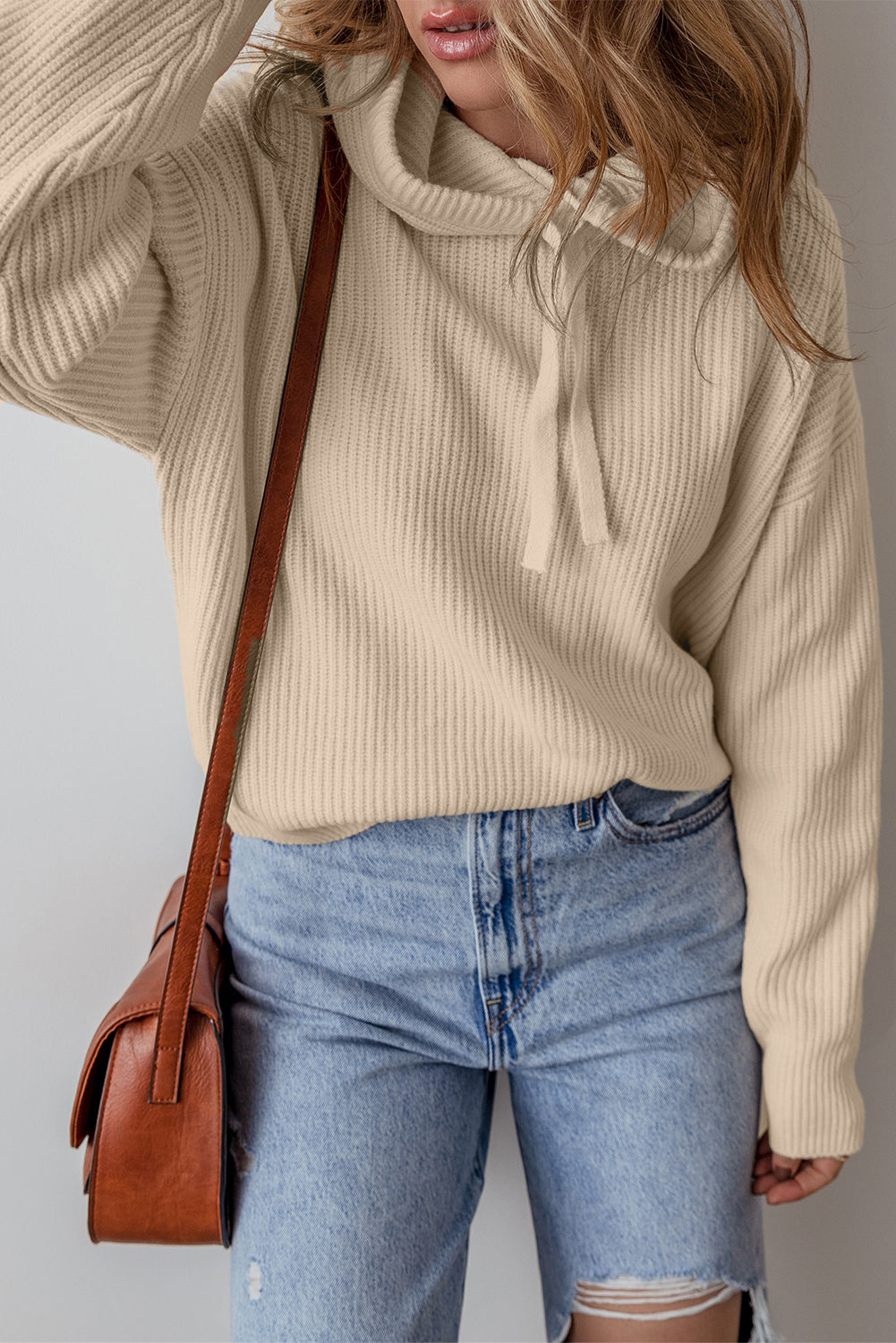 Beige Solid Color Drawstring Hooded Drop Shoulder Pullover Sweater-Chaelisa's New Jammies