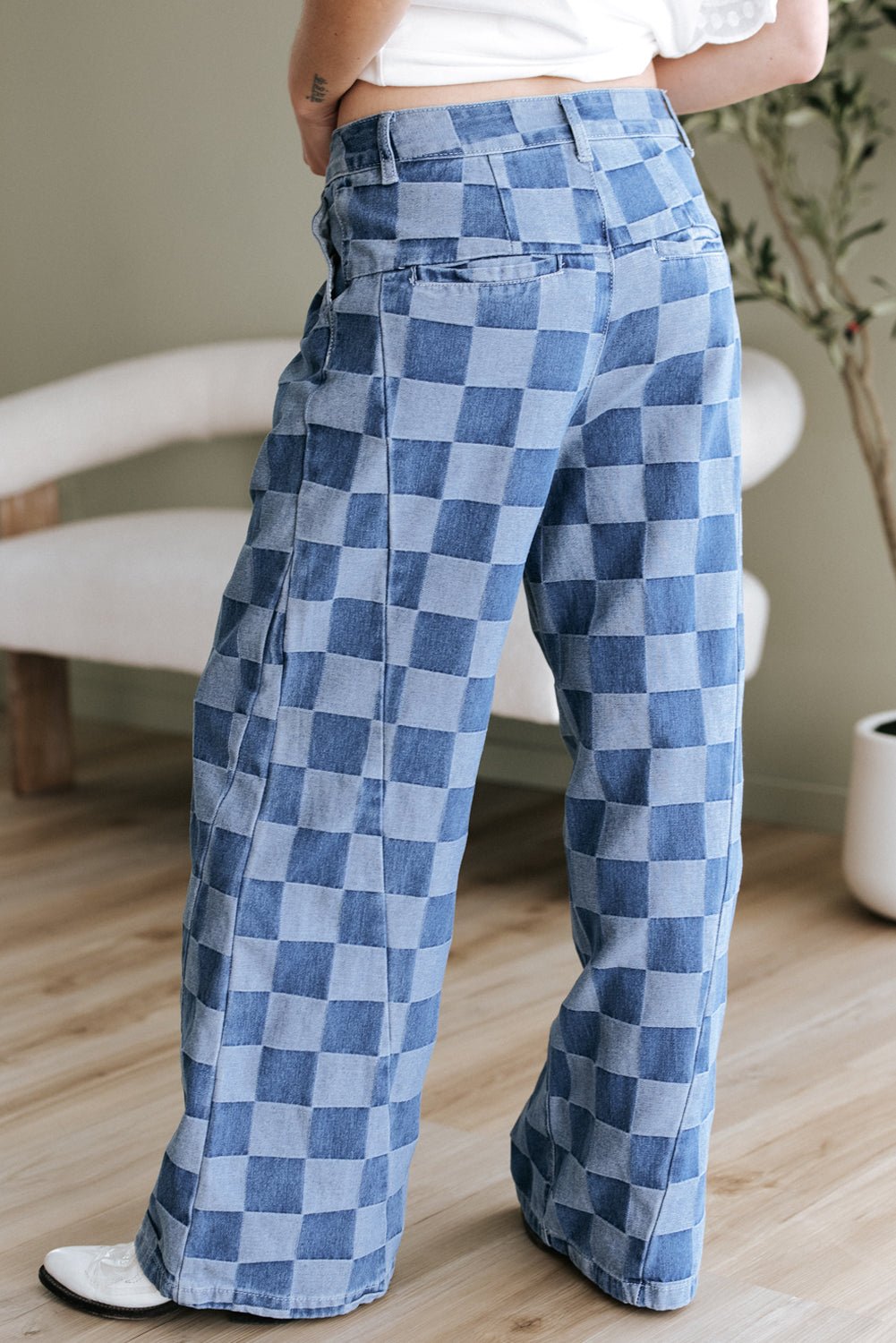 Dusk Blue Checkered Denim Wide Leg Jeans - Chaelisa's New Jammies