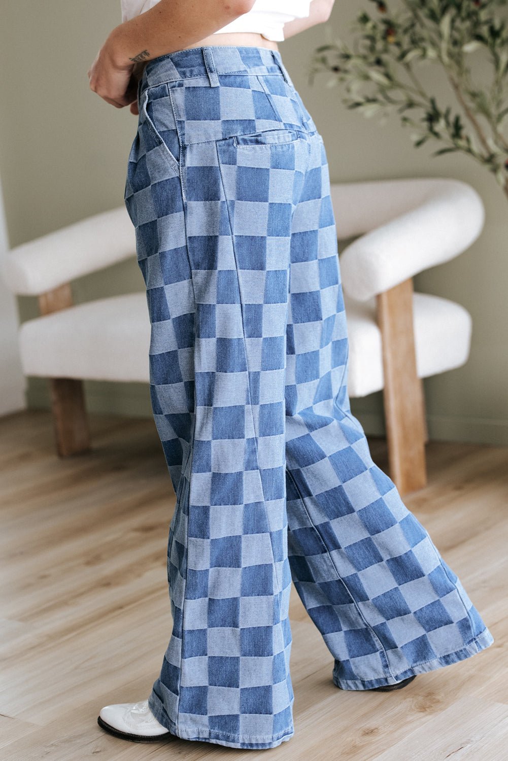 Dusk Blue Checkered Denim Wide Leg Jeans - Chaelisa's New Jammies