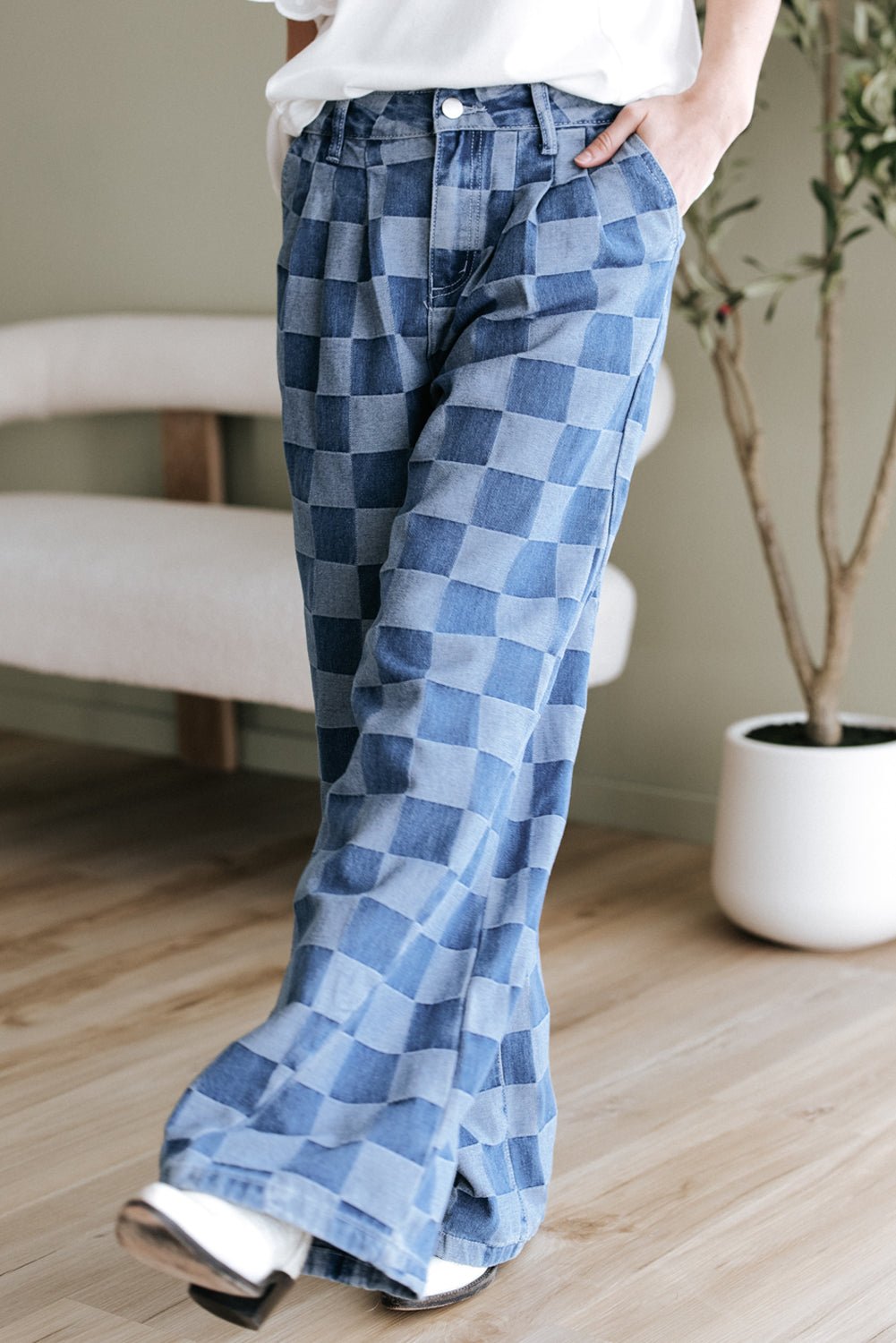 Dusk Blue Checkered Denim Wide Leg Jeans - Chaelisa's New Jammies