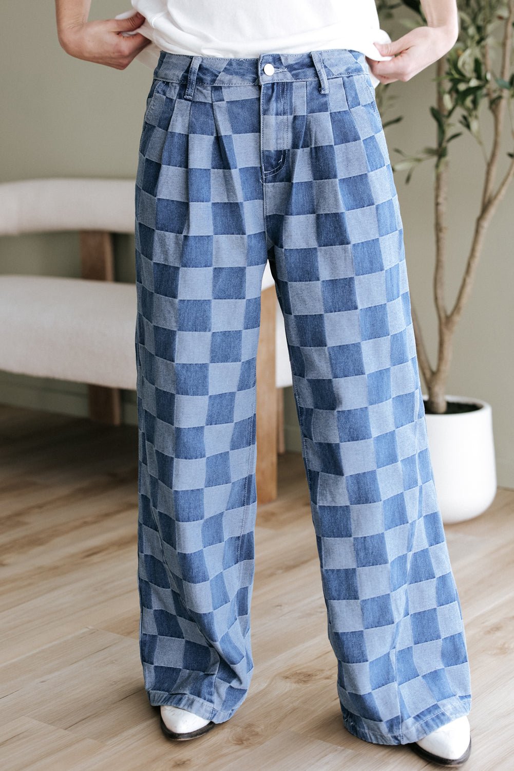 Dusk Blue Checkered Denim Wide Leg Jeans - Chaelisa's New Jammies