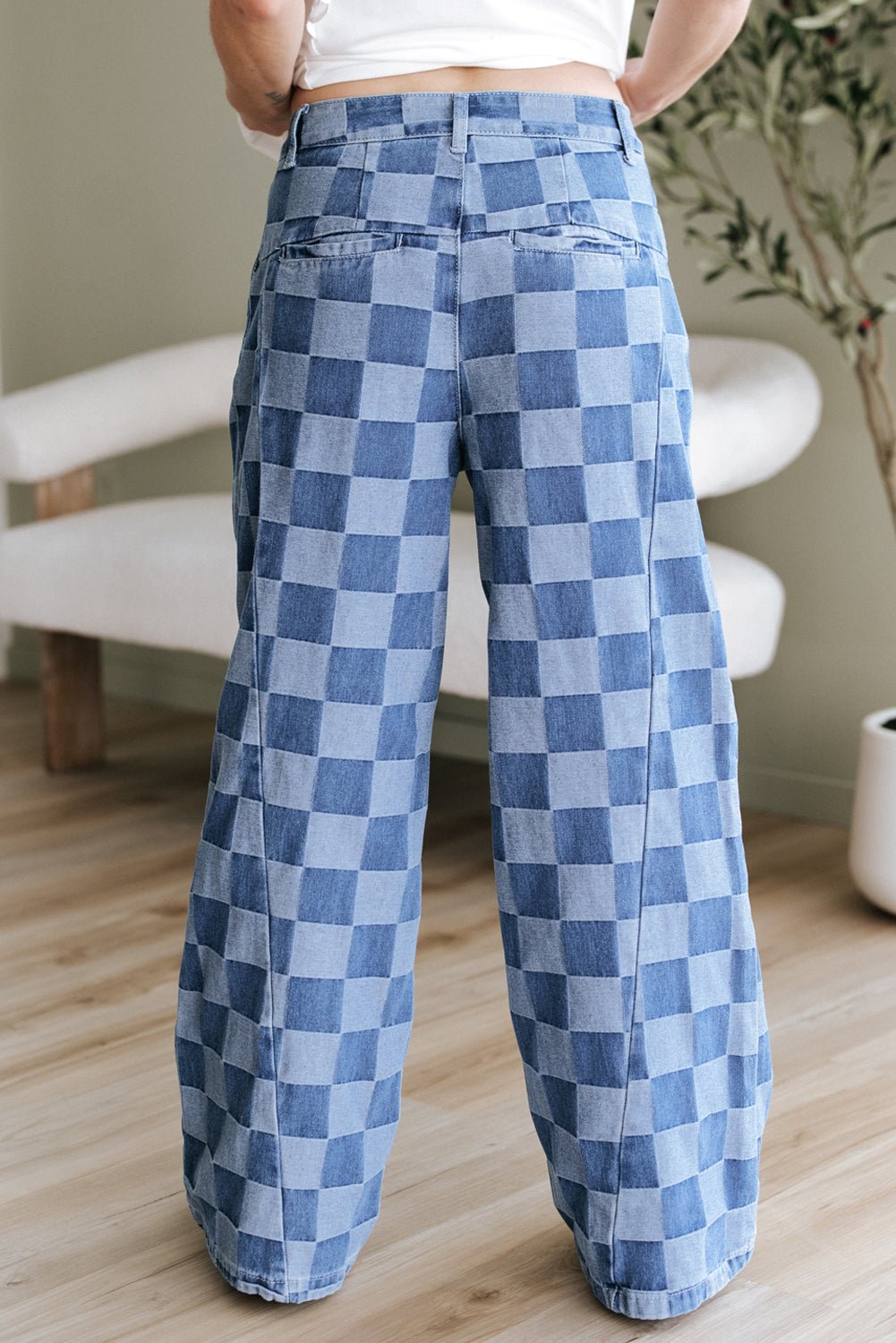 Dusk Blue Checkered Denim Wide Leg Jeans - Chaelisa's New Jammies