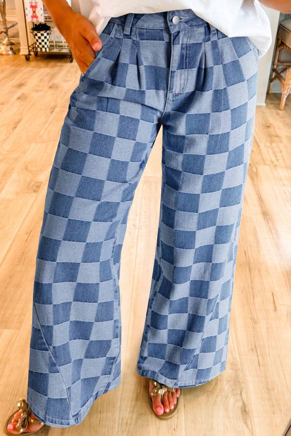 Dusk Blue Checkered Denim Wide Leg Jeans - Chaelisa's New Jammies