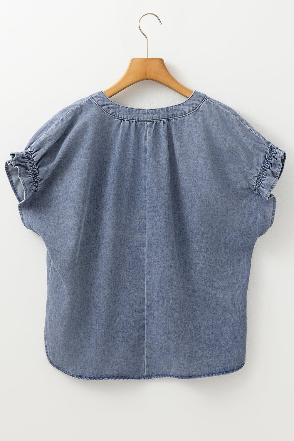 Dusk Blue V Neck Ruffled Short Puff Sleeve Denim Top - Chaelisa's New Jammies