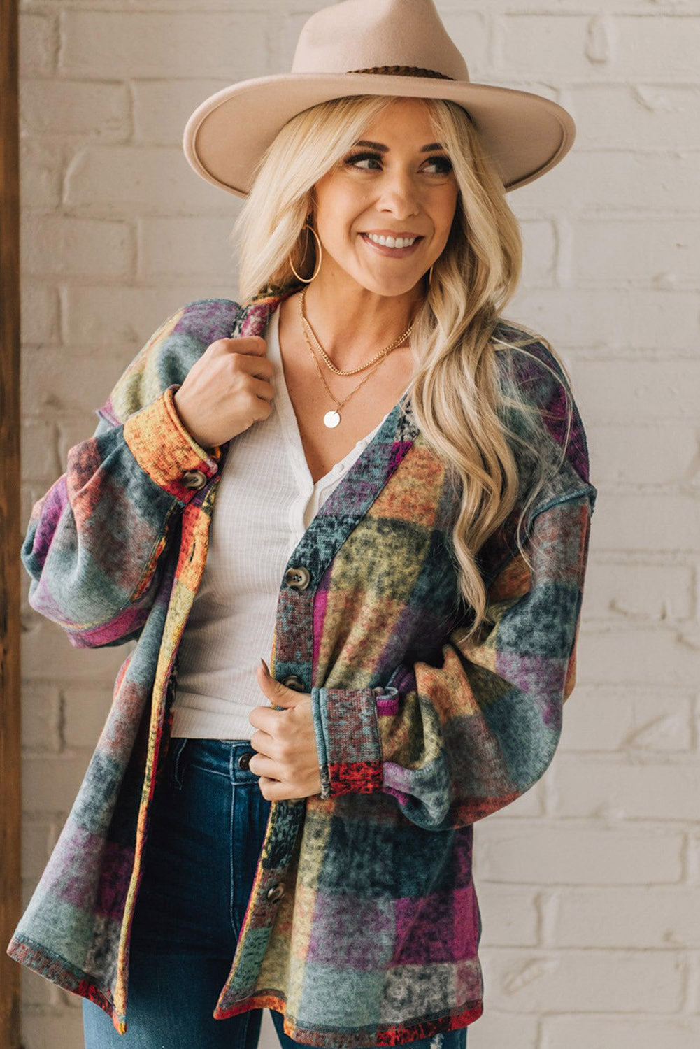 Multicolor Brushed Checked Western Buttoned Jacket-Chaelisa's New Jammies