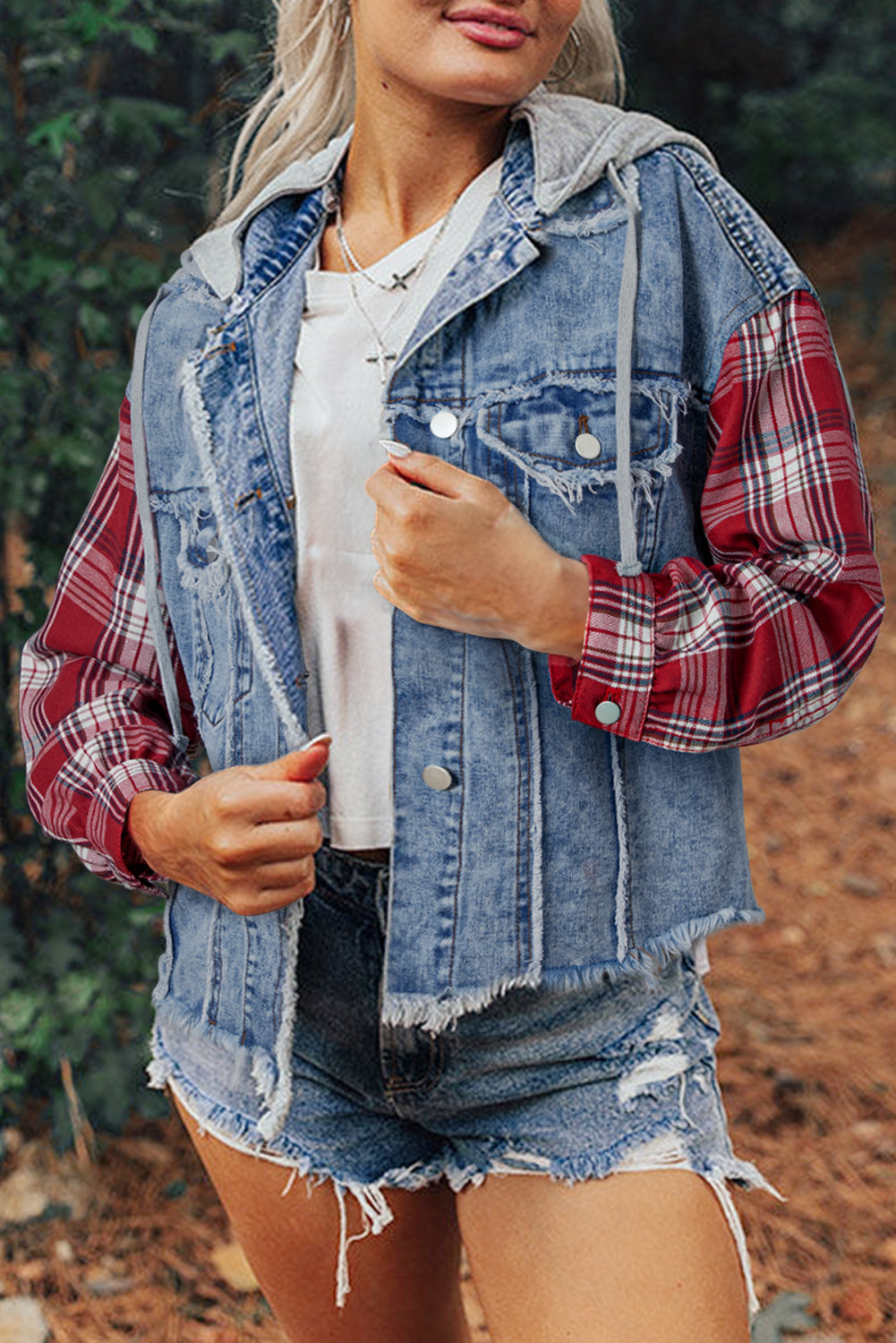 Beau Blue Plaid Print Patchwork Hooded Raw Hem Denim Jacket-Chaelisa's New Jammies