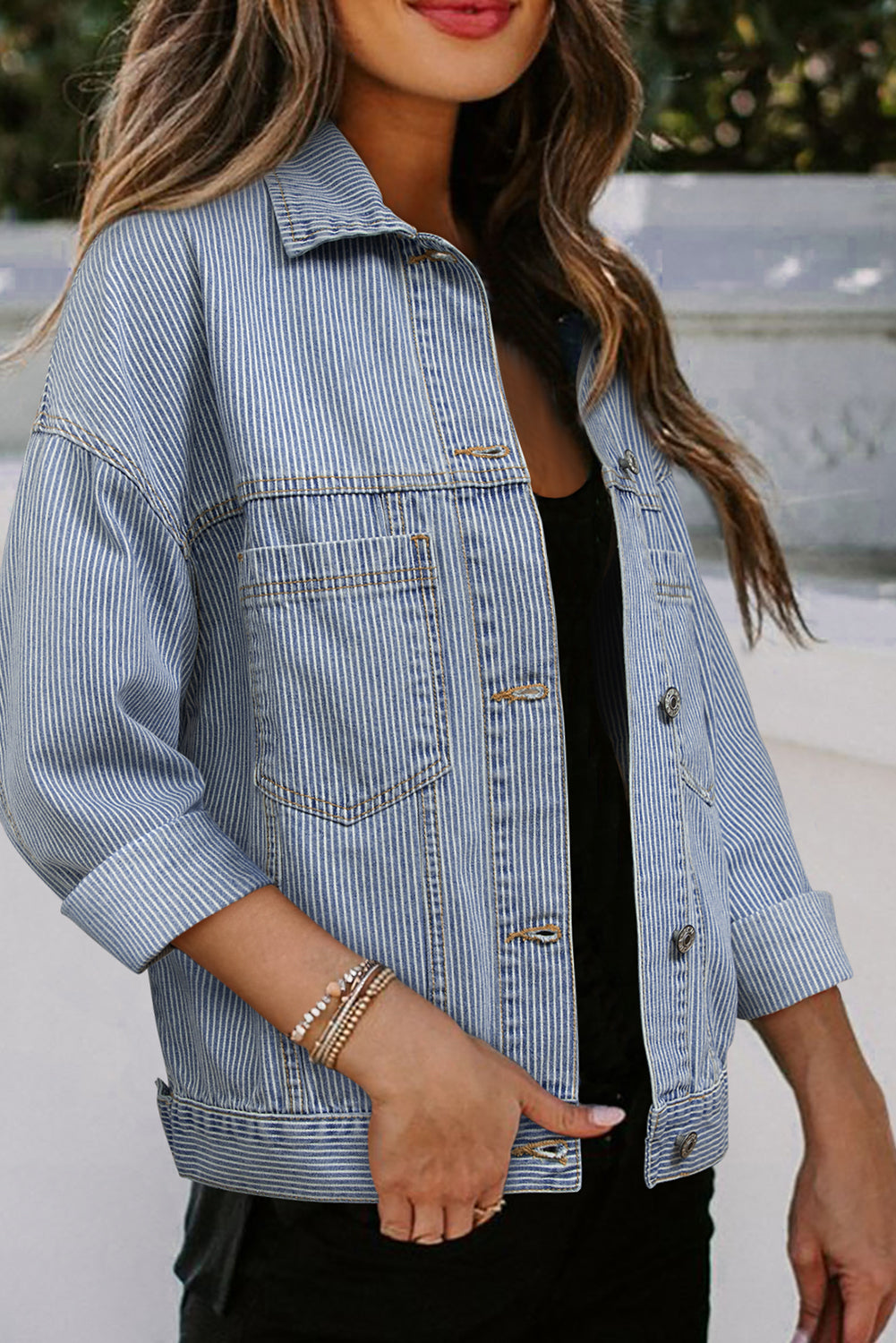 Sky Blue Stripe Washed Oversize Pocketed Denim Jacket-Chaelisa's New Jammies