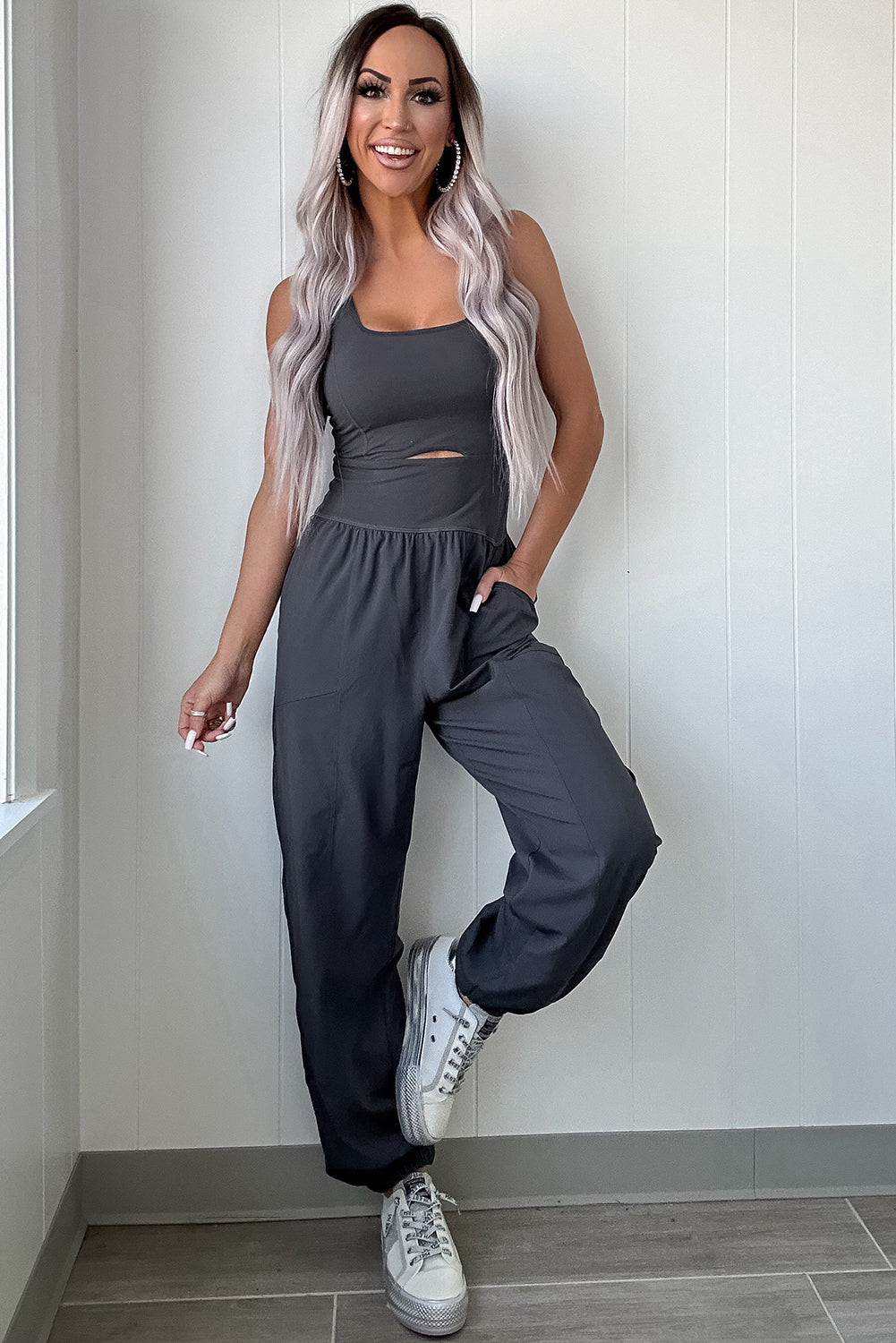 Carbon Grey Back Crossed Straps Hollow Out Jogger Jumpsuit-Chaelisa's New Jammies