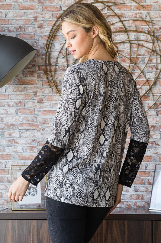 Heimish Full Size Snakeskin Print Round Neck Lace Contrast Top-Chaelisa's New Jammies