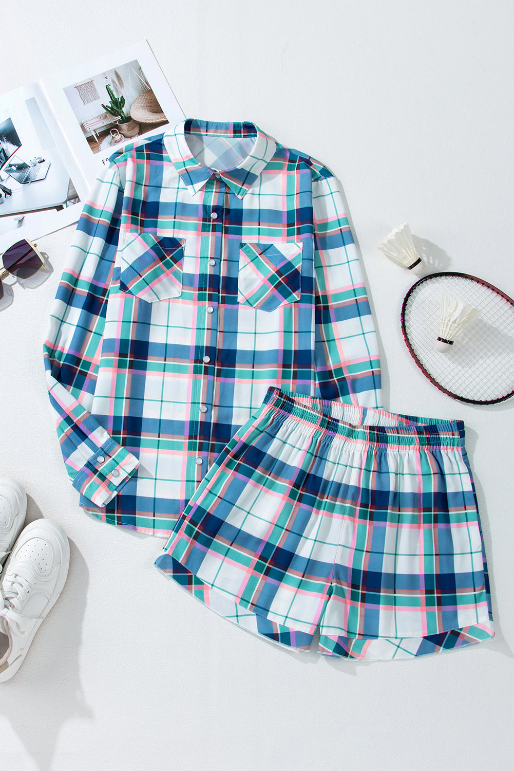 Blue Plaid Print Shirt and Shorts 2Pcs Lounge Set-Chaelisa's New Jammies