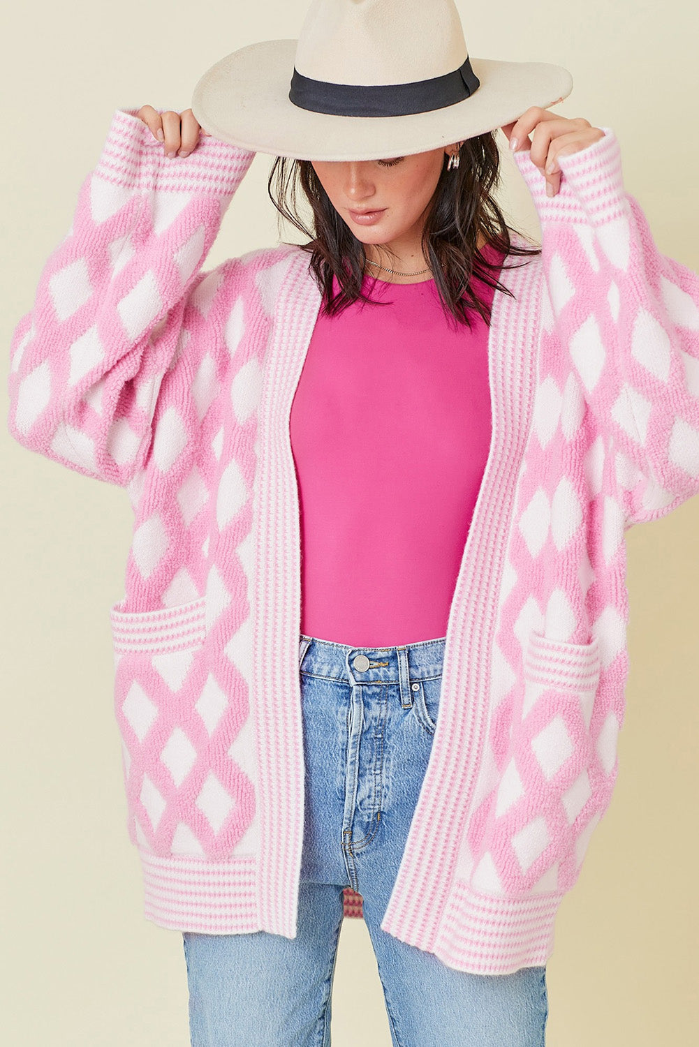 Pink Rhombus Pattern Knit Open Front Pocketed Cardigans-Chaelisa's New Jammies