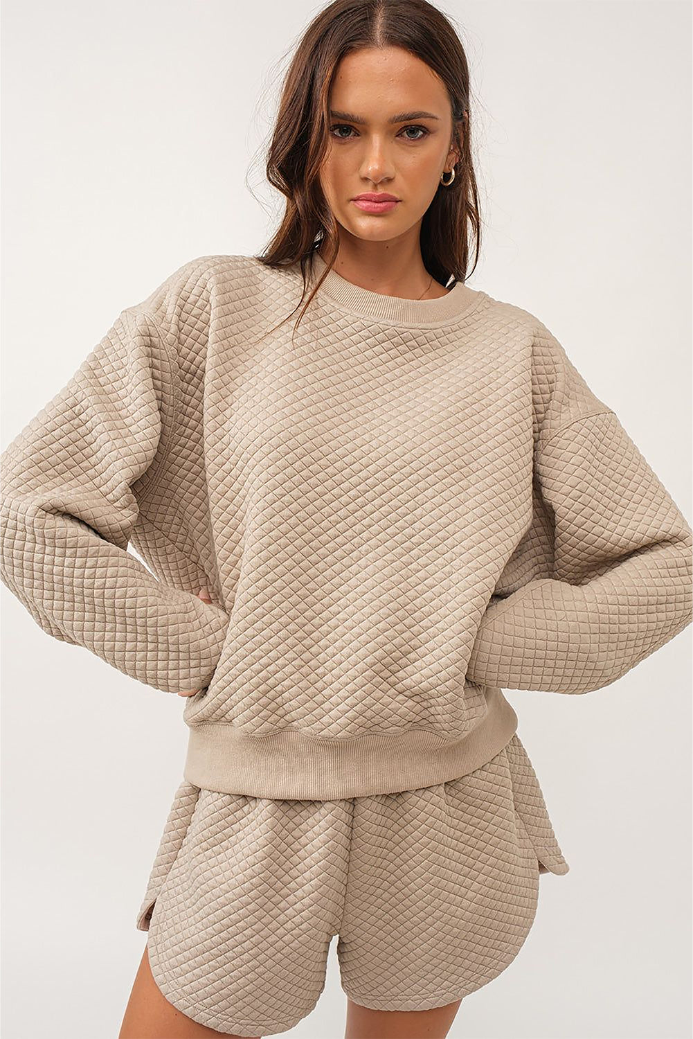 Parchment Solid Color Quilted Long Sleeve Top and Shorts Set-Chaelisa's New Jammies