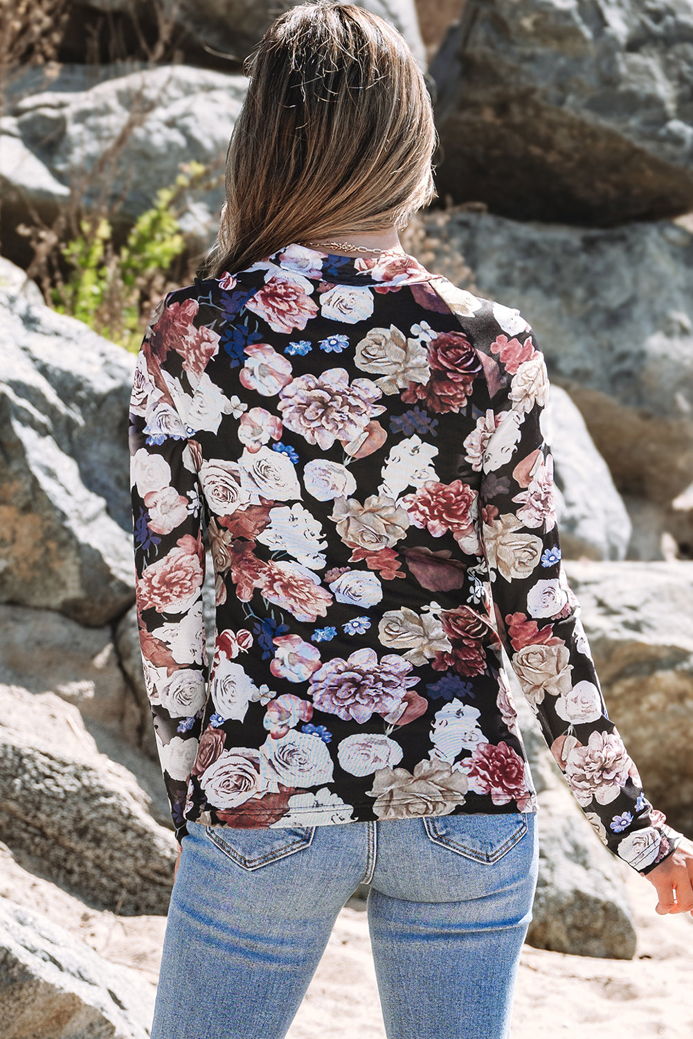 Pink Mesh Floral Print Mock Neck Long Sleeve Slim Top-Chaelisa's New Jammies