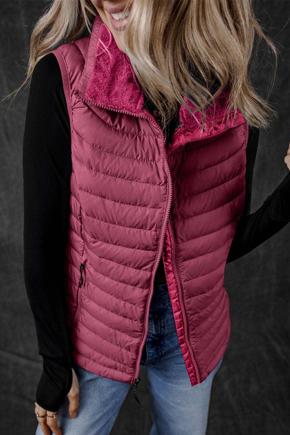 Burgundy Plush Collared Quilted Zipped Puffer Vest-Chaelisa's New Jammies
