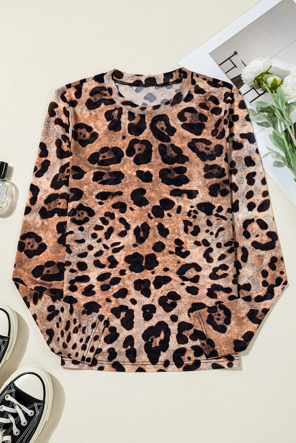 Brown Leopard Round Neck Long Sleeve Slim Top-Chaelisa's New Jammies