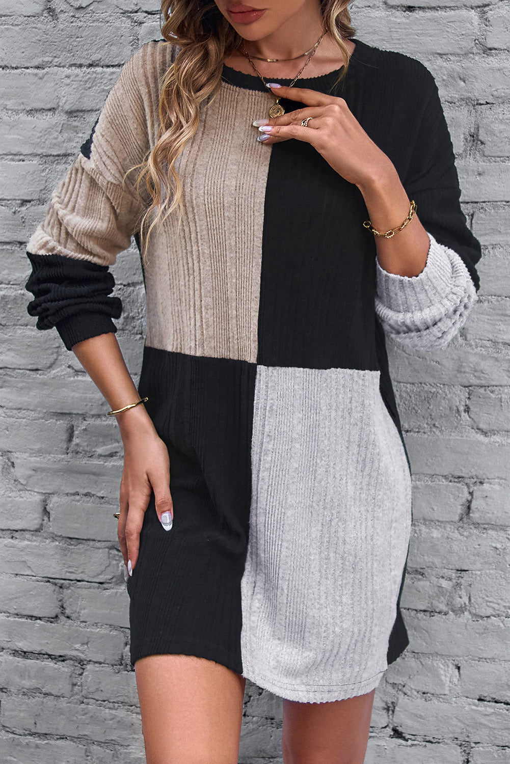 Black Ribbed Color Block Drop Shoulder Long Sleeve Mini Dress-Chaelisa's New Jammies