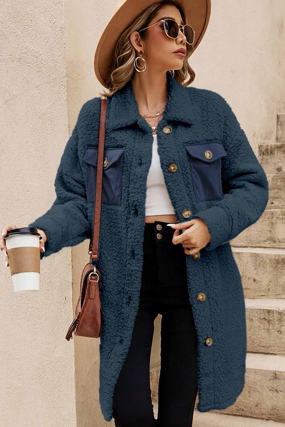 Blue Contrast Flap Pocket Single Breasted Teddy Coat-Chaelisa's New Jammies