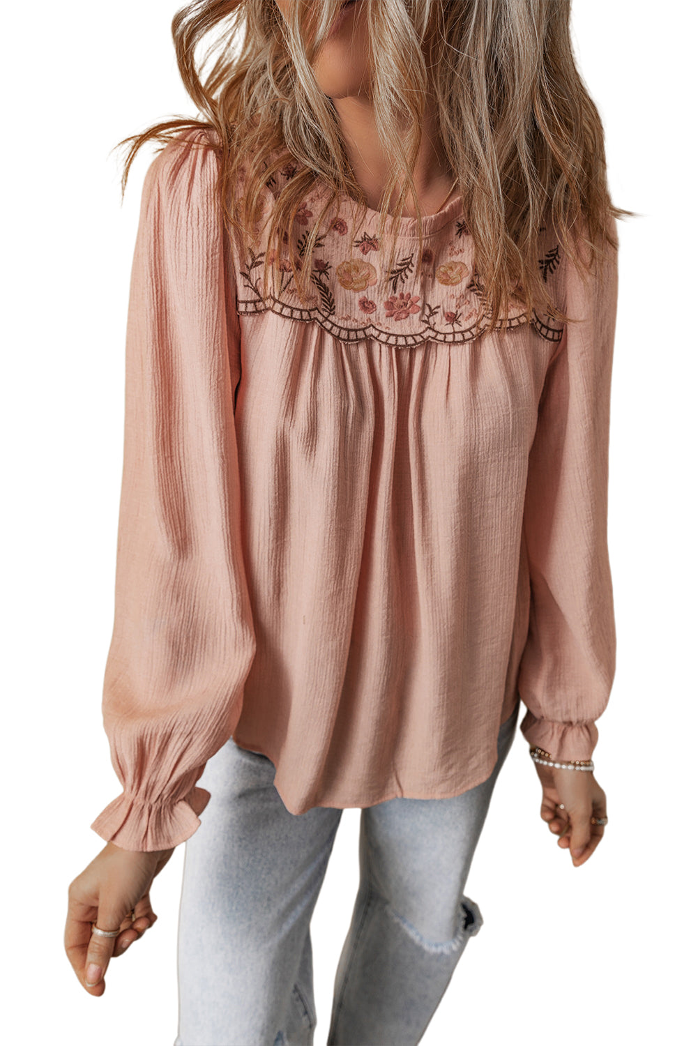 Gossamer Pink Floral Embroidered Textured Flounce Sleeve Elegant Blouse-Chaelisa's New Jammies
