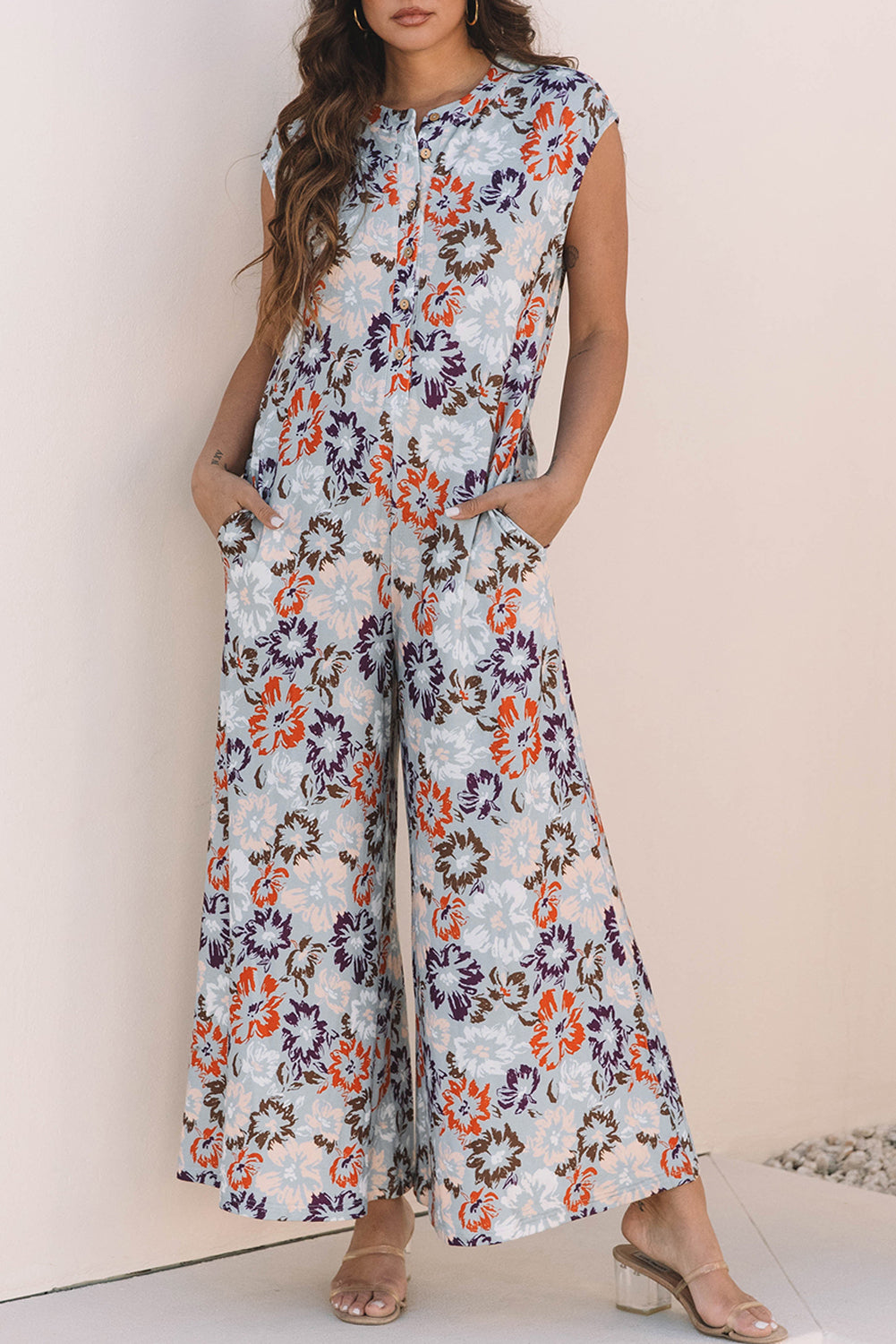 Sky Blue Floral Sleeveless Buttoned Pocketed Wide Leg Jumpsuit-Chaelisa's New Jammies