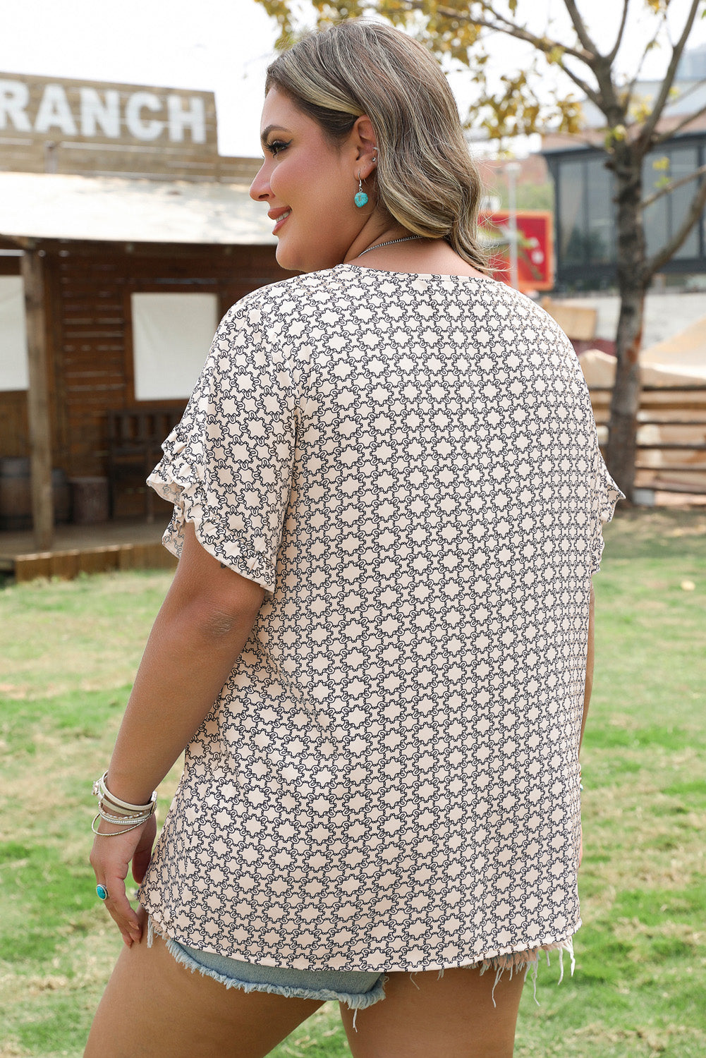 Khaki Plus Size Geometric Print Ruffled Sleeve Blouse-Chaelisa's New Jammies