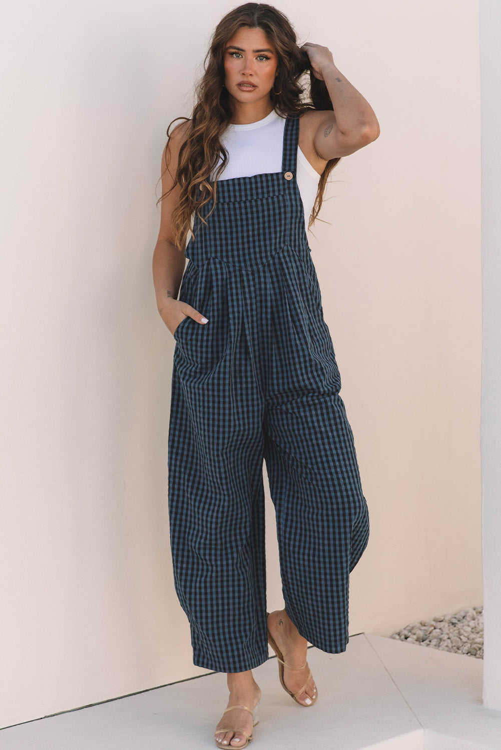 Sail Blue Plaid Print Buttoned Pocketed High Waist Overall-Chaelisa's New Jammies