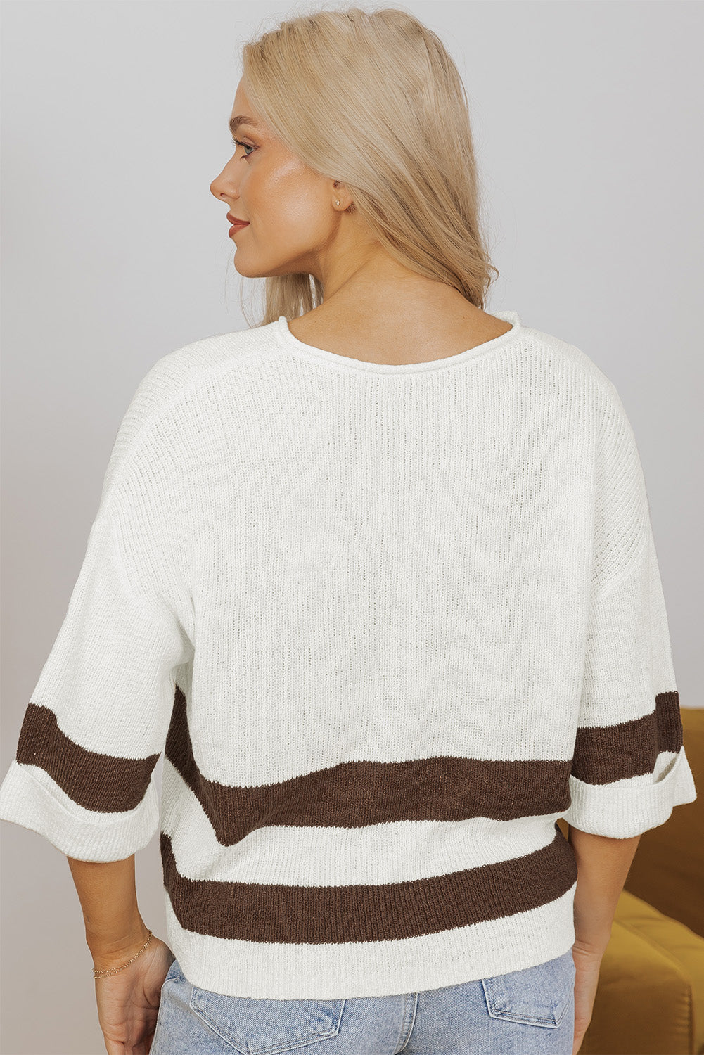 Brown Striped Accent Notched V Neck Cropped Sweater T Shirt-Chaelisa's New Jammies