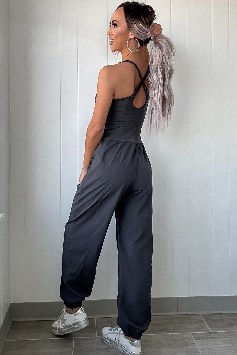 Carbon Grey Back Crossed Straps Hollow Out Jogger Jumpsuit-Chaelisa's New Jammies