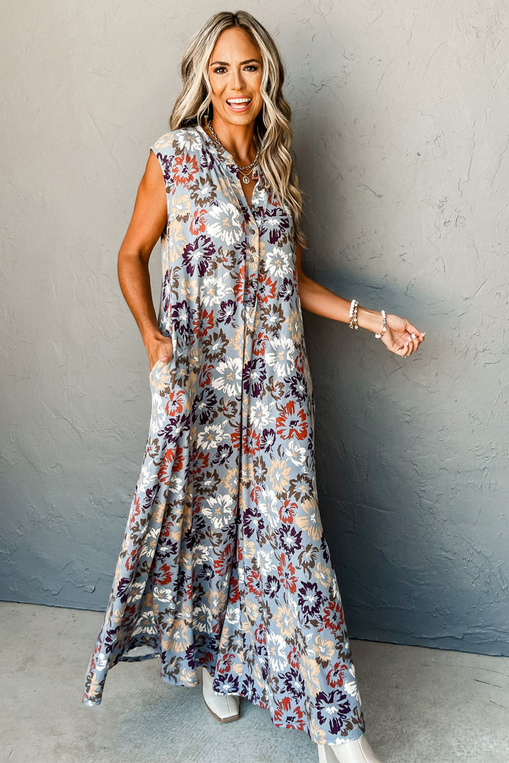 Sky Blue Floral Sleeveless Buttoned Pocketed Wide Leg Jumpsuit-Chaelisa's New Jammies