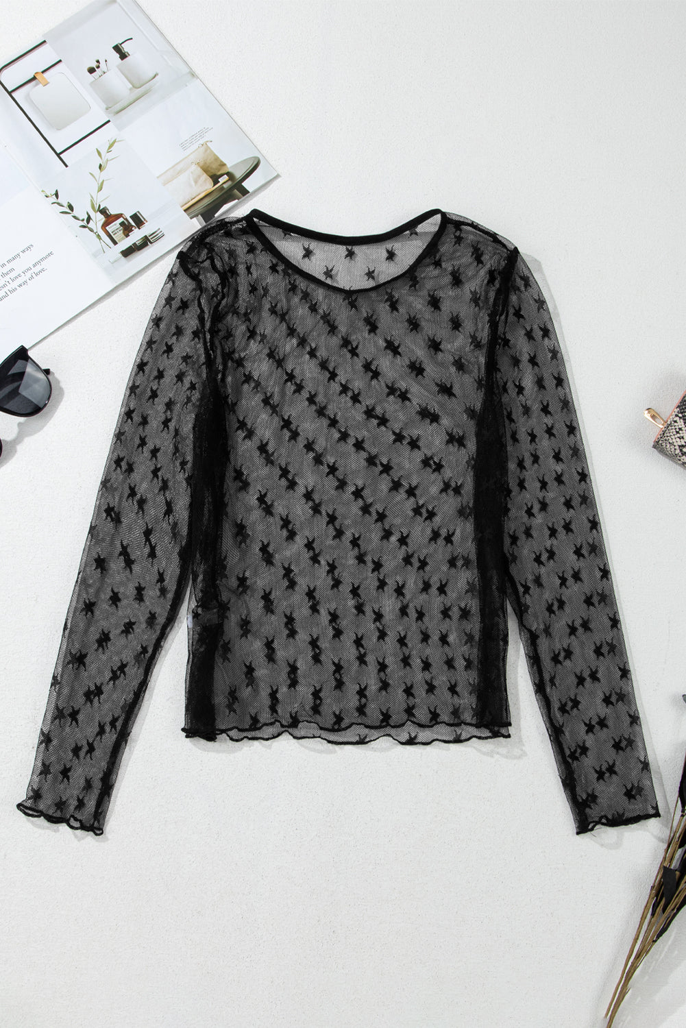 Black Star Print Mesh Sheer Slim Long Sleeve Top-Chaelisa's New Jammies