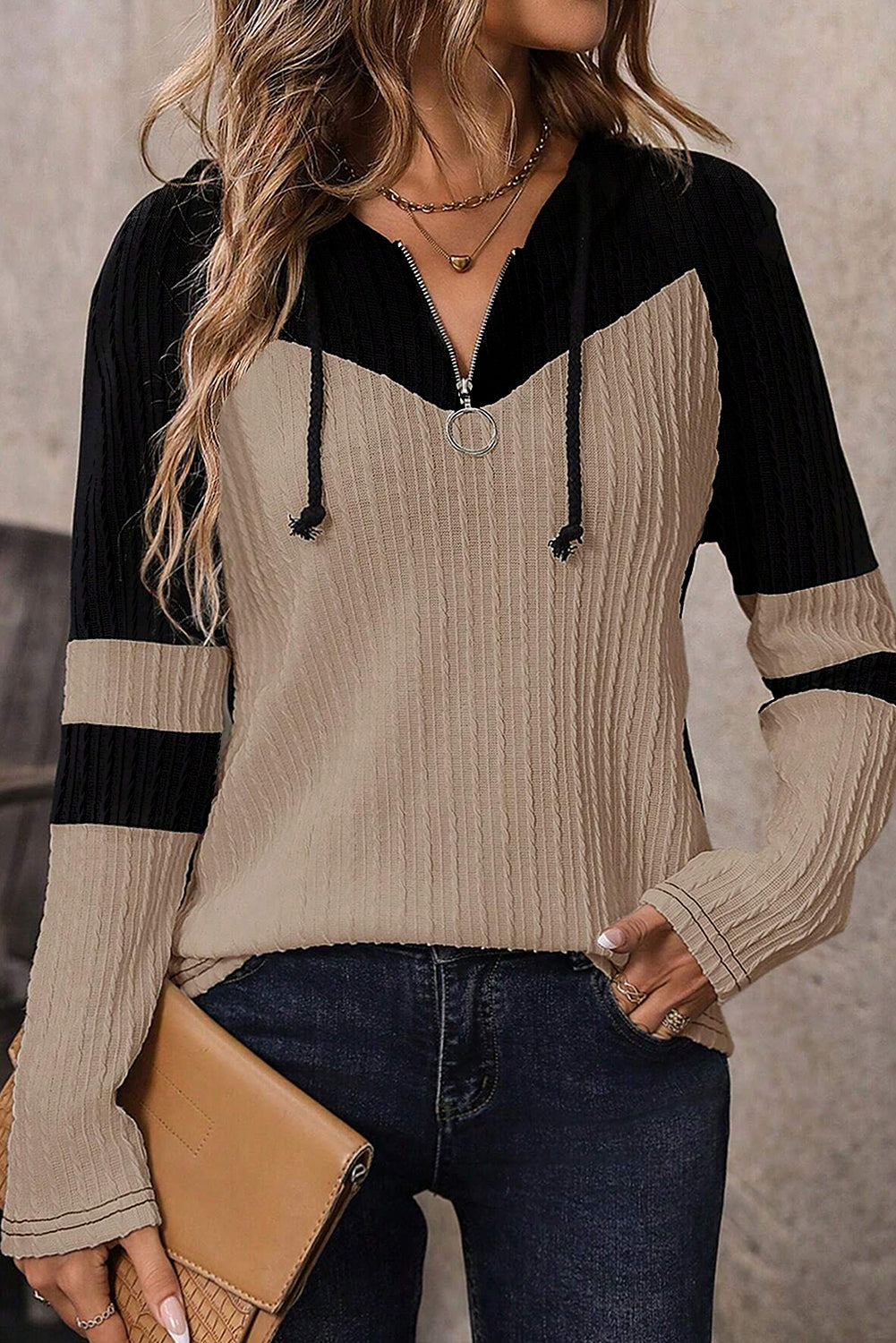 Parchment Textured Colorblock Long Sleeve Quarter Zip Drawstring Hooded Top-Chaelisa's New Jammies