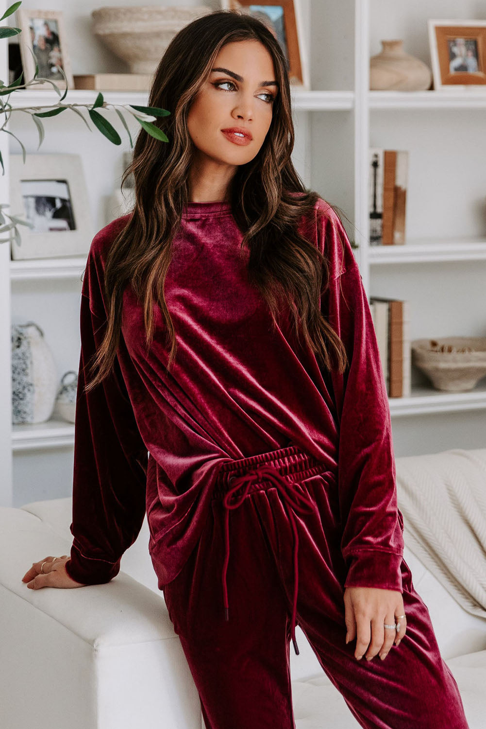 Fiery Red Solid Velvet Two Piece Lounge Set-Chaelisa's New Jammies