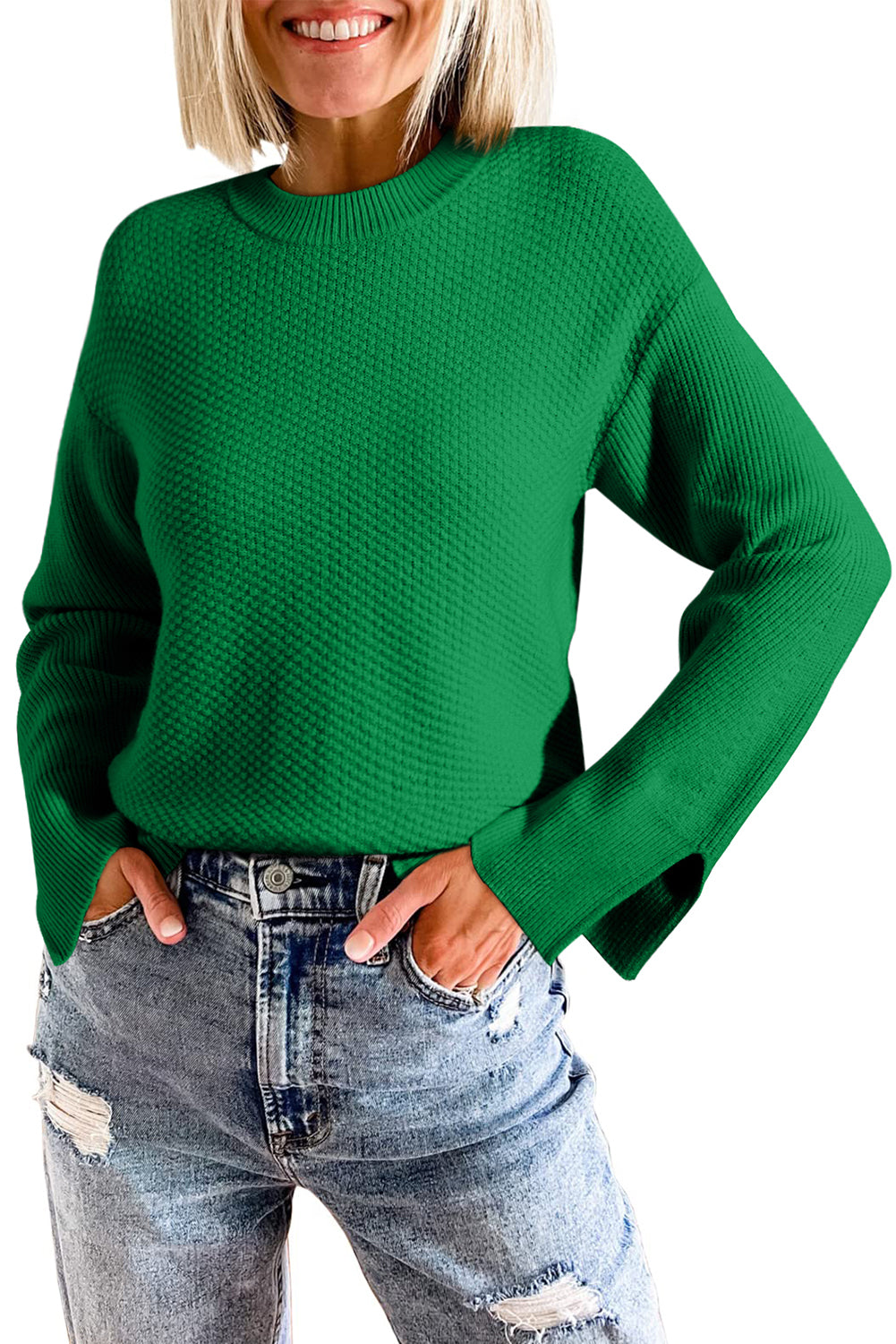 Parchment Solid Textured Knit Split Cuff Drop Shoulder Sweater-Chaelisa's New Jammies