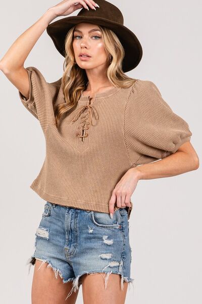 SAGE+FIG Lace-Up Waffle Knit Crop Top-Chaelisa's New Jammies