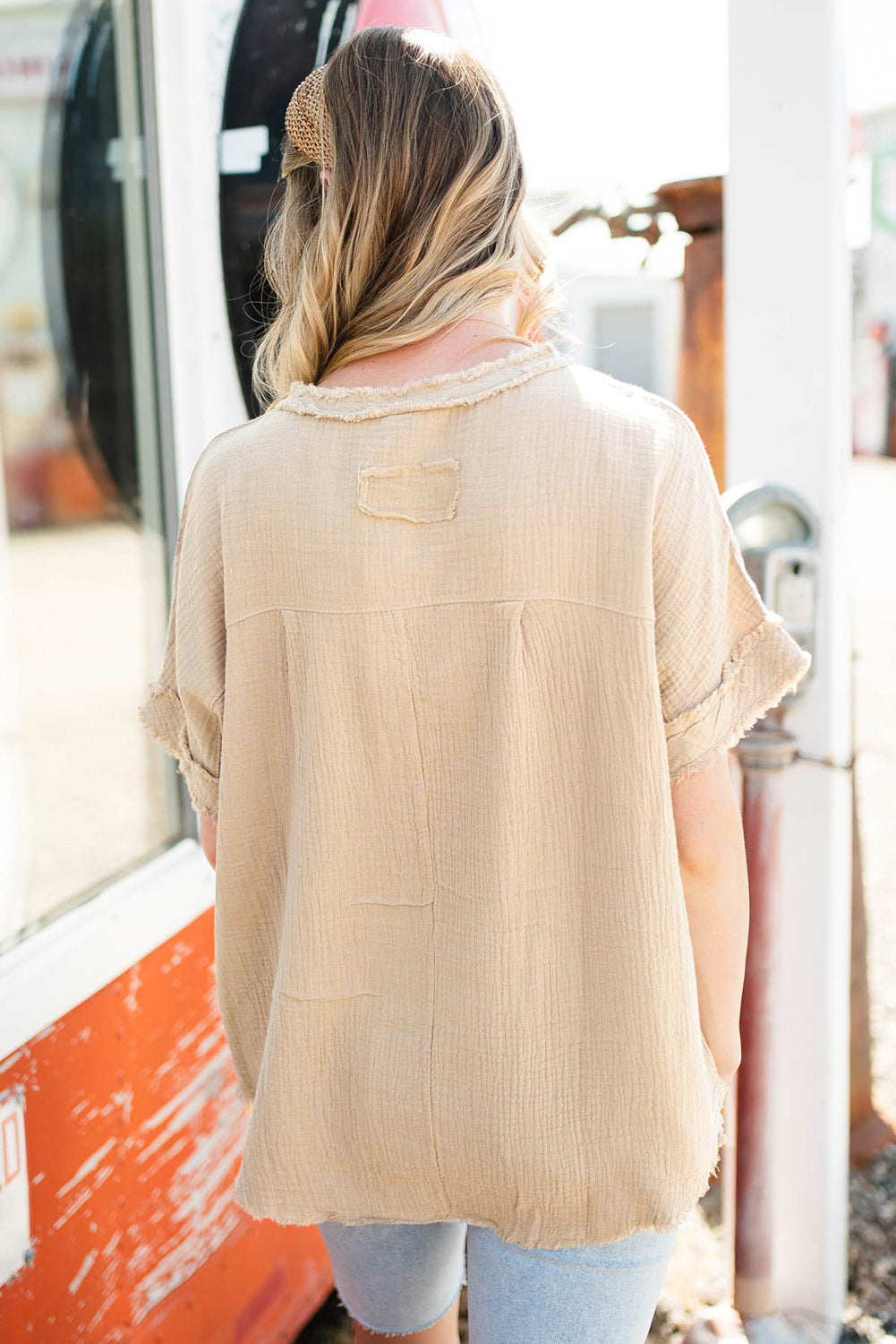 Parchment Crinkle Textured Frayed Trim Half Button Short Sleeve Top-Chaelisa's New Jammies