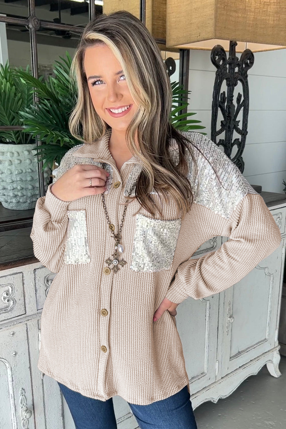 Parchment Sequin Patch Chest Pocket Corded Shacket-Chaelisa's New Jammies