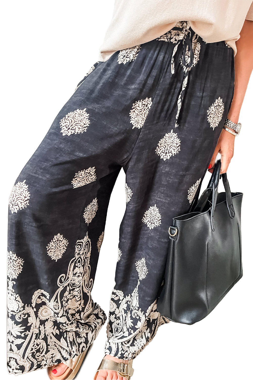 Black Bohemian Printed Drawstring Waist Wide Leg Pants-Chaelisa's New Jammies