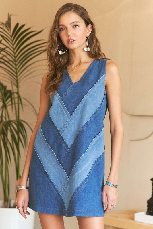 ADORA Chevron Color Block V-Neck Denim Dress-Chaelisa's New Jammies